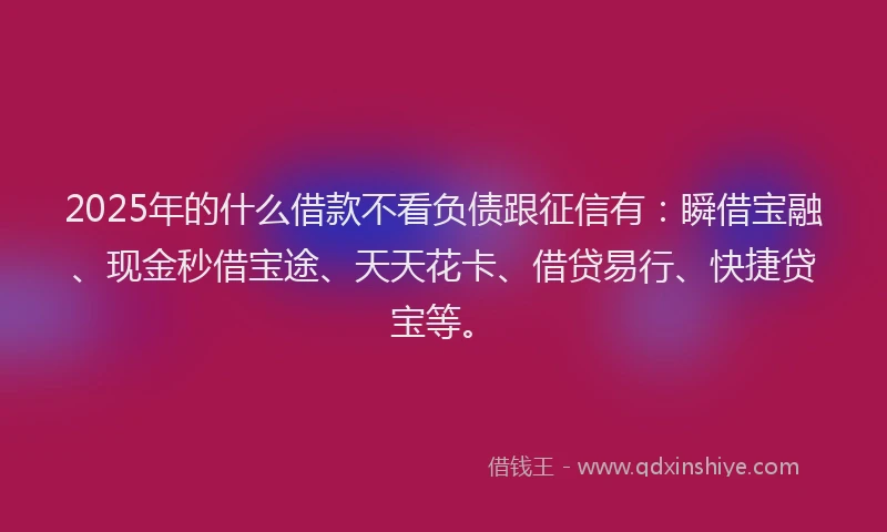 2025年的什么借款不看负债跟征信有：瞬借宝融、现金秒借宝途、天天花卡、借贷易行、快捷贷宝等。