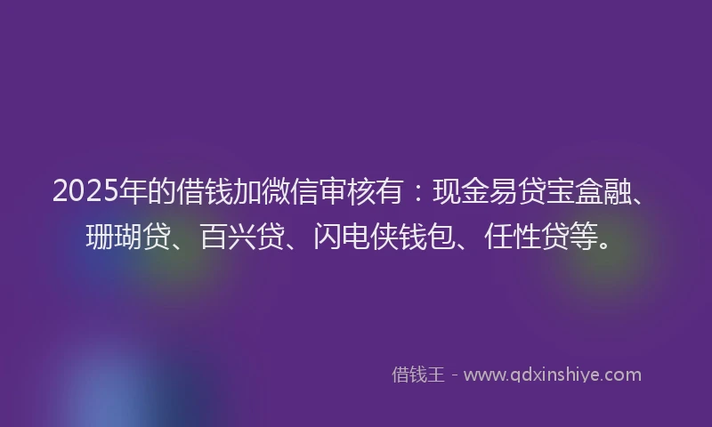 2025年的借钱加微信审核有：现金易贷宝盒融、珊瑚贷、百兴贷、闪电侠钱包、任性贷等。