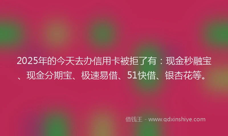 2025年的今天去办信用卡被拒了有：现金秒融宝、现金分期宝、极速易借、51快借、银杏花等。