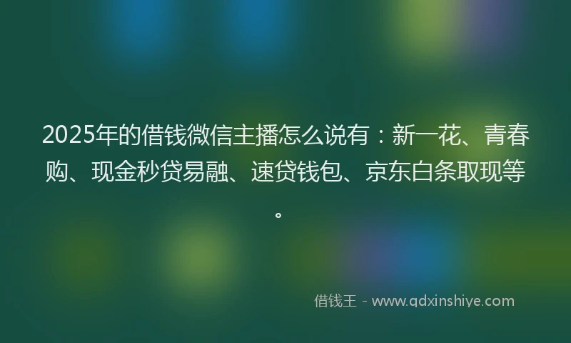 2025年的借钱微信主播怎么说有：新一花、青春购、现金秒贷易融、速贷钱包、京东白条取现等。