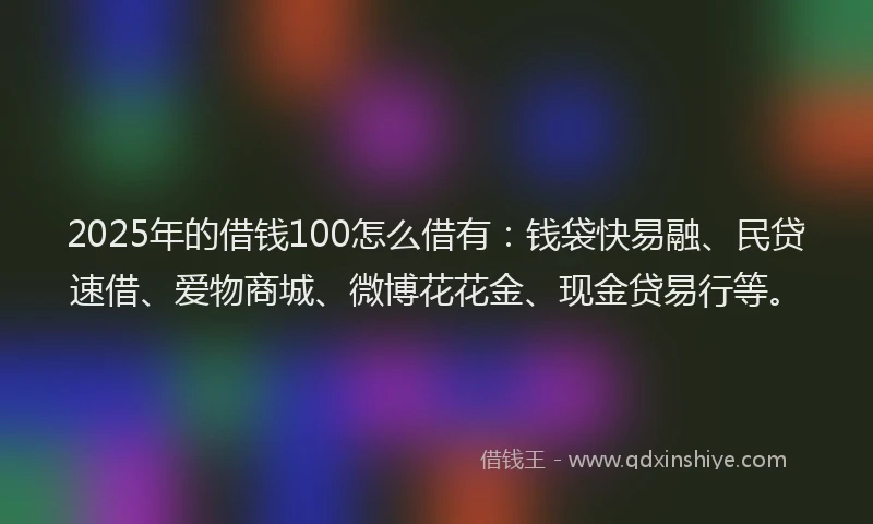 2025年的借钱100怎么借有：钱袋快易融、民贷速借、爱物商城、微博花花金、现金贷易行等。