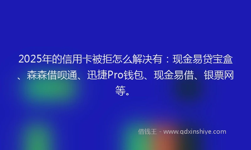 2025年的信用卡被拒怎么解决有：现金易贷宝盒、森森借呗通、迅捷Pro钱包、现金易借、银票网等。