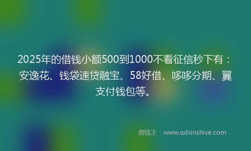 2025年的借钱小额500到1000不看征信秒下有：安逸花、钱袋速贷融宝、58好借、哆哆分期、翼支付钱包等。