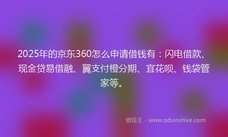 2025年的京东360怎么申请借钱有：闪电借款、现金贷易借融、翼支付橙分期、宜花呗、钱袋管家等。