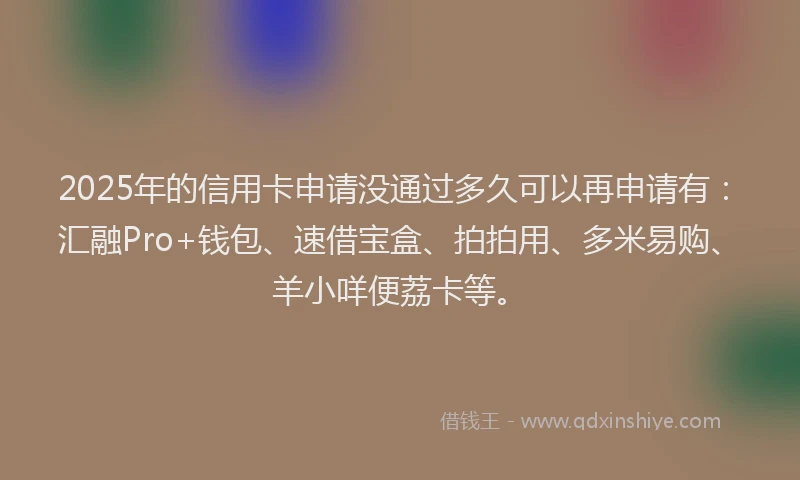 2025年的信用卡申请没通过多久可以再申请有：汇融Pro+钱包、速借宝盒、拍拍用、多米易购、羊小咩便荔卡等。