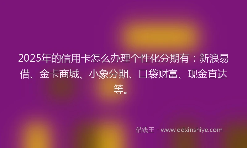 2025年的信用卡怎么办理个性化分期有：新浪易借、金卡商城、小象分期、口袋财富、现金直达等。