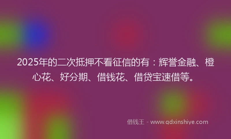 2025年的二次抵押不看征信的有：辉誉金融、橙心花、好分期、借钱花、借贷宝速借等。