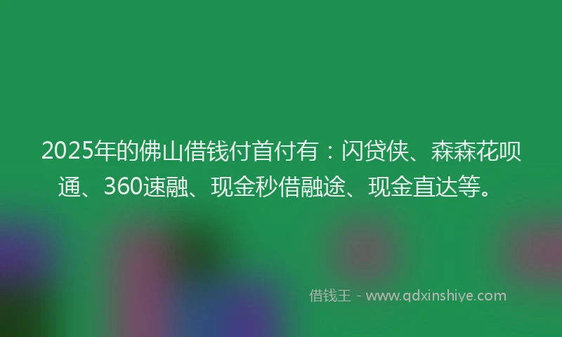 2025年的佛山借钱付首付有：闪贷侠、森森花呗通、360速融、现金秒借融途、现金直达等。