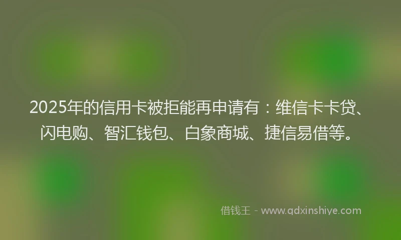 2025年的信用卡被拒能再申请有：维信卡卡贷、闪电购、智汇钱包、白象商城、捷信易借等。