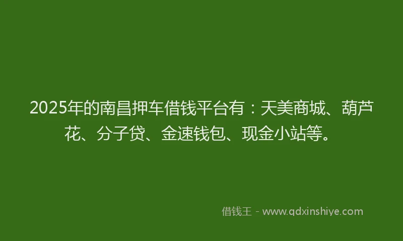 2025年的南昌押车借钱平台有：天美商城、葫芦花、分子贷、金速钱包、现金小站等。