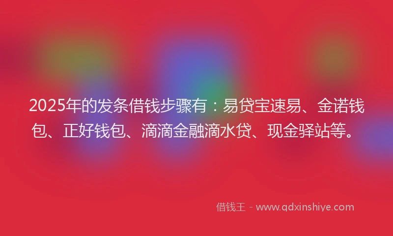 2025年的发条借钱步骤有：易贷宝速易、金诺钱包、正好钱包、滴滴金融滴水贷、现金驿站等。