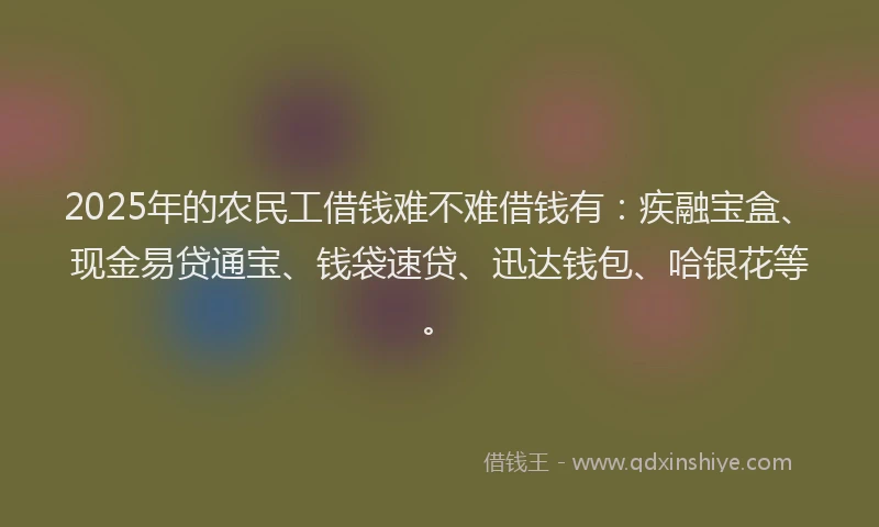 2025年的农民工借钱难不难借钱有：疾融宝盒、现金易贷通宝、钱袋速贷、迅达钱包、哈银花等。