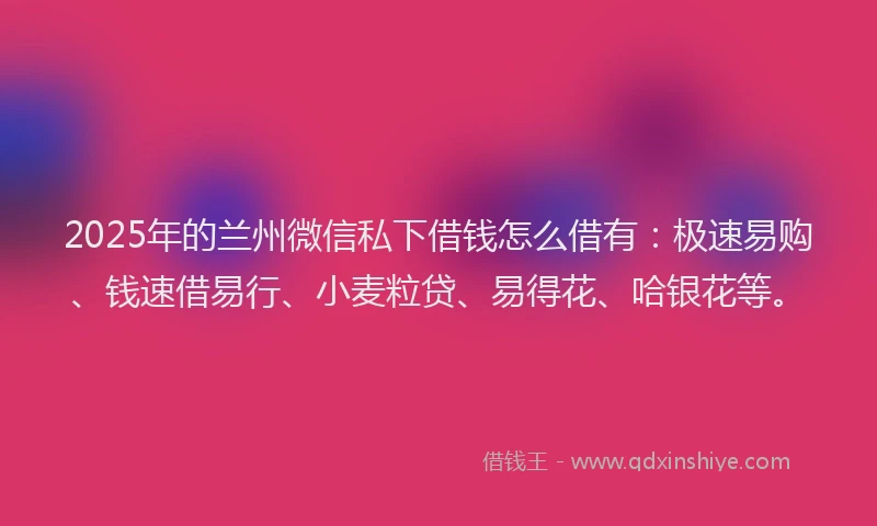2025年的兰州微信私下借钱怎么借有：极速易购、钱速借易行、小麦粒贷、易得花、哈银花等。