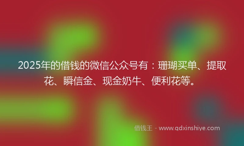 2025年的借钱的微信公众号有：珊瑚买单、提取花、瞬信金、现金奶牛、便利花等。