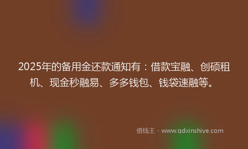 2025年的备用金还款通知有：借款宝融、创硕租机、现金秒融易、多多钱包、钱袋速融等。