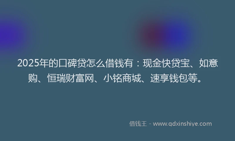 2025年的口碑贷怎么借钱有：现金快贷宝、如意购、恒瑞财富网、小铭商城、速享钱包等。