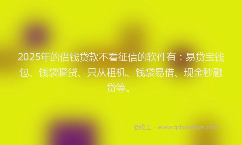 2025年的借钱贷款不看征信的软件有：易贷宝钱包、钱袋瞬贷、只从租机、钱袋易借、现金秒融贷等。