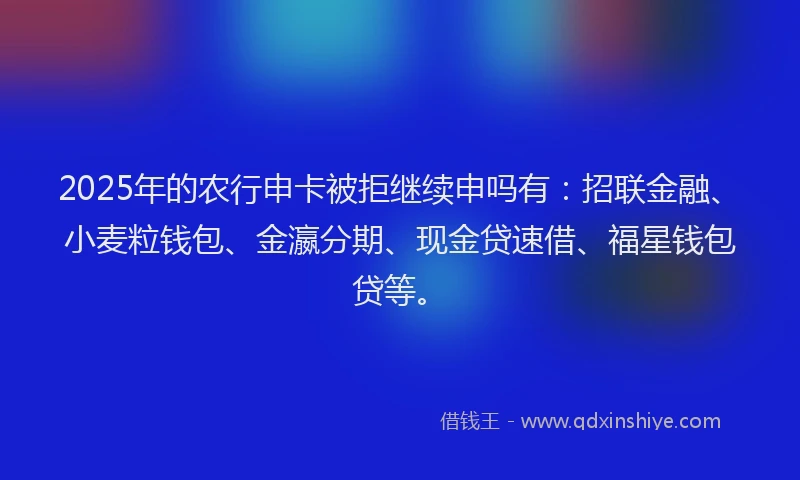 2025年的农行申卡被拒继续申吗有：招联金融、小麦粒钱包、金瀛分期、现金贷速借、福星钱包贷等。