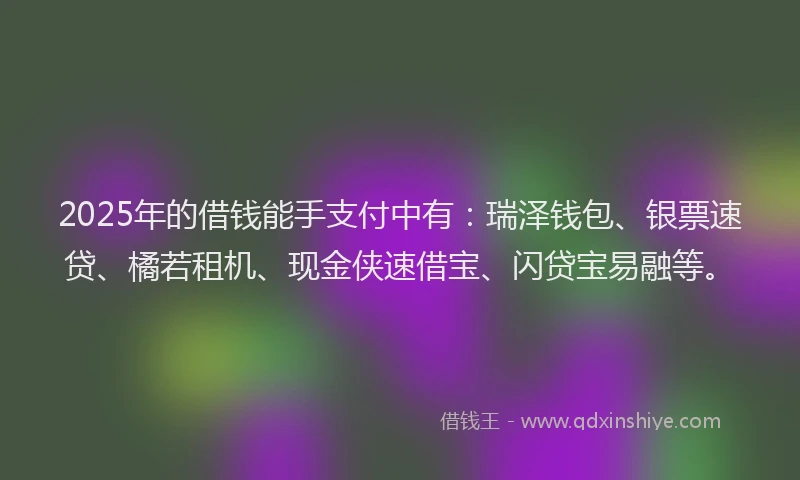 2025年的借钱能手支付中有：瑞泽钱包、银票速贷、橘若租机、现金侠速借宝、闪贷宝易融等。