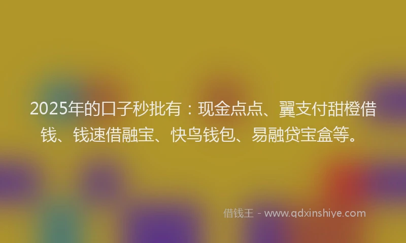 2025年的口子秒批有：现金点点、翼支付甜橙借钱、钱速借融宝、快鸟钱包、易融贷宝盒等。