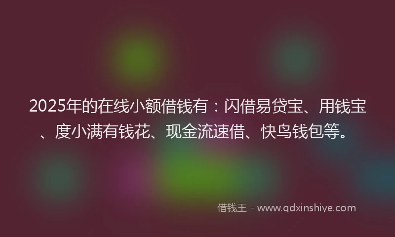 2025年的在线小额借钱有：闪借易贷宝、用钱宝、度小满有钱花、现金流速借、快鸟钱包等。