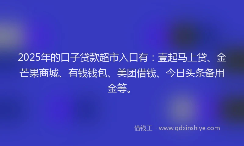 2025年的口子贷款超市入口有：壹起马上贷、金芒果商城、有钱钱包、美团借钱、今日头条备用金等。