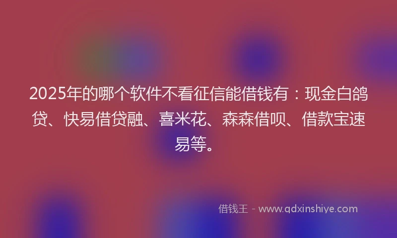 2025年的哪个软件不看征信能借钱有：现金白鸽贷、快易借贷融、喜米花、森森借呗、借款宝速易等。