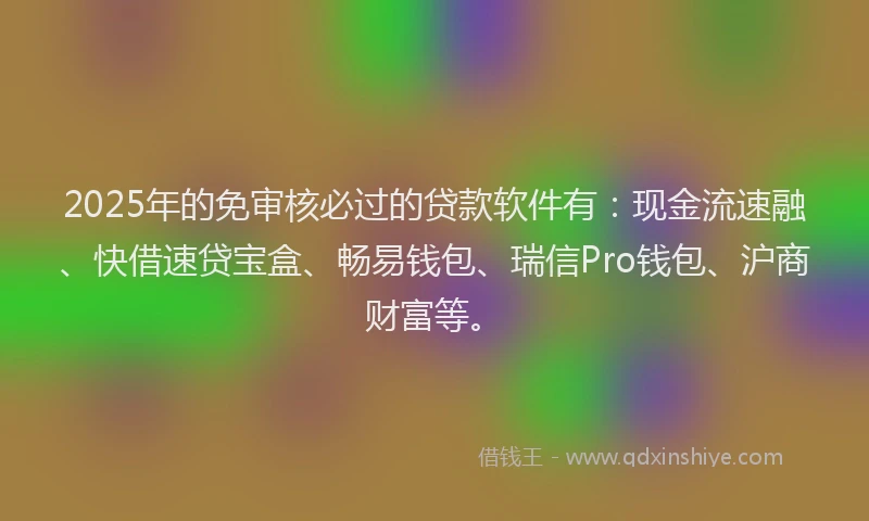 2025年的免审核必过的贷款软件有：现金流速融、快借速贷宝盒、畅易钱包、瑞信Pro钱包、沪商财富等。