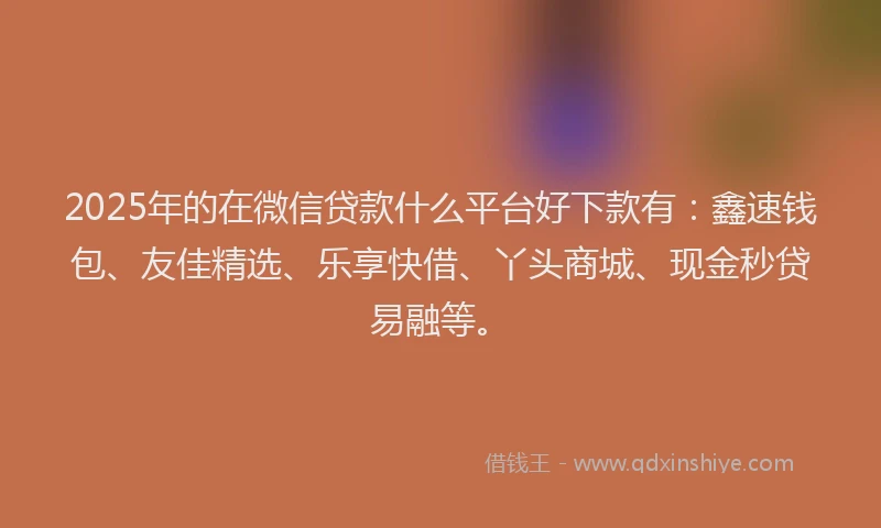 2025年的在微信贷款什么平台好下款有：鑫速钱包、友佳精选、乐享快借、丫头商城、现金秒贷易融等。
