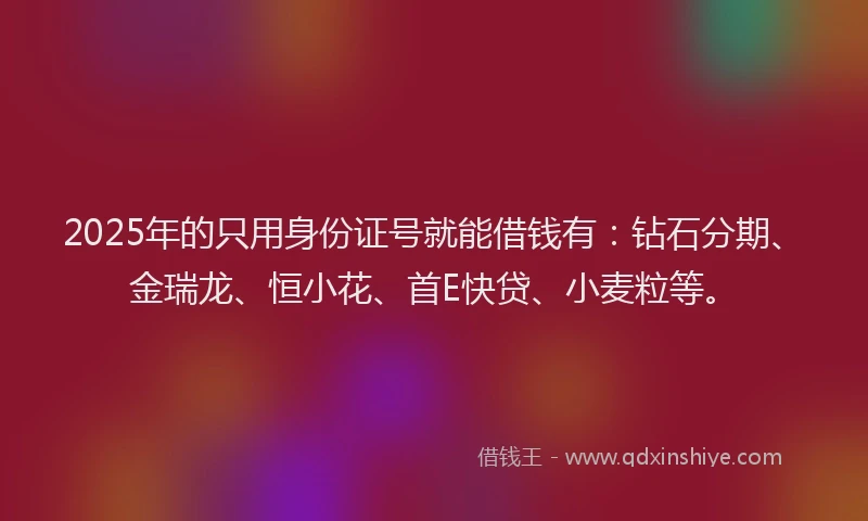 2025年的只用身份证号就能借钱有：钻石分期、金瑞龙、恒小花、首E快贷、小麦粒等。