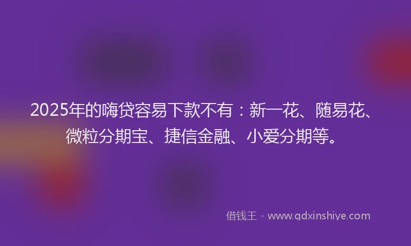 2025年的嗨贷容易下款不有：新一花、随易花、微粒分期宝、捷信金融、小爱分期等。