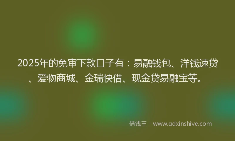 2025年的免审下款口子有：易融钱包、洋钱速贷、爱物商城、金瑞快借、现金贷易融宝等。