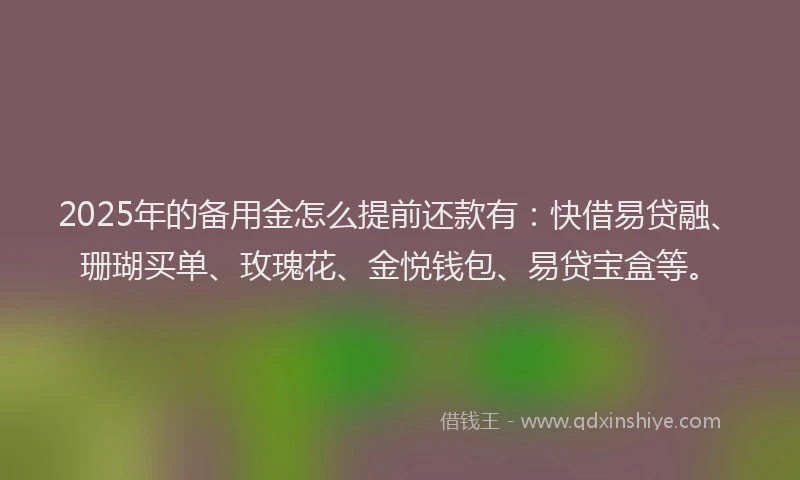 2025年的备用金怎么提前还款有：快借易贷融、珊瑚买单、玫瑰花、金悦钱包、易贷宝盒等。