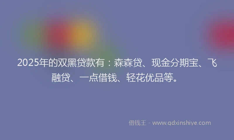 2025年的双黑贷款有：森森贷、现金分期宝、飞融贷、一点借钱、轻花优品等。