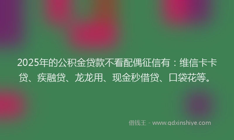 2025年的公积金贷款不看配偶征信有：维信卡卡贷、疾融贷、龙龙用、现金秒借贷、口袋花等。