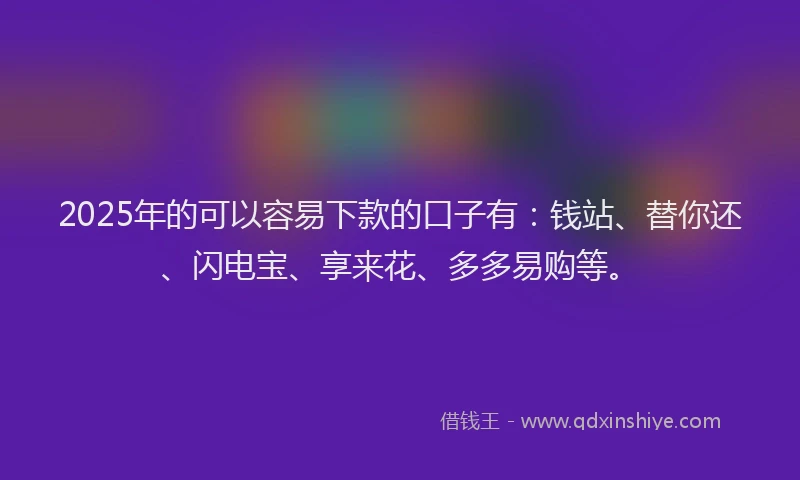 2025年的可以容易下款的口子有：钱站、替你还、闪电宝、享来花、多多易购等。