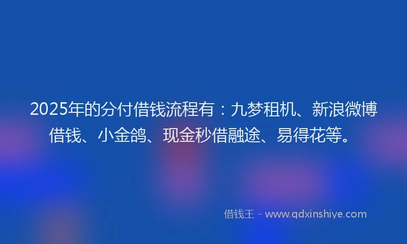 2025年的分付借钱流程有：九梦租机、新浪微博借钱、小金鸽、现金秒借融途、易得花等。