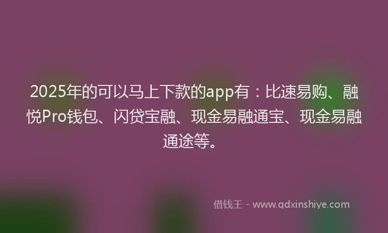 2025年的可以马上下款的app有：比速易购、融悦Pro钱包、闪贷宝融、现金易融通宝、现金易融通途等。