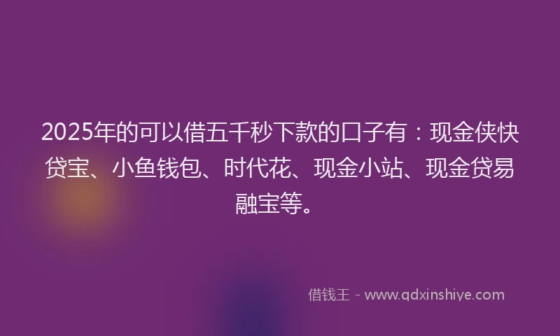 2025年的可以借五千秒下款的口子有：现金侠快贷宝、小鱼钱包、时代花、现金小站、现金贷易融宝等。