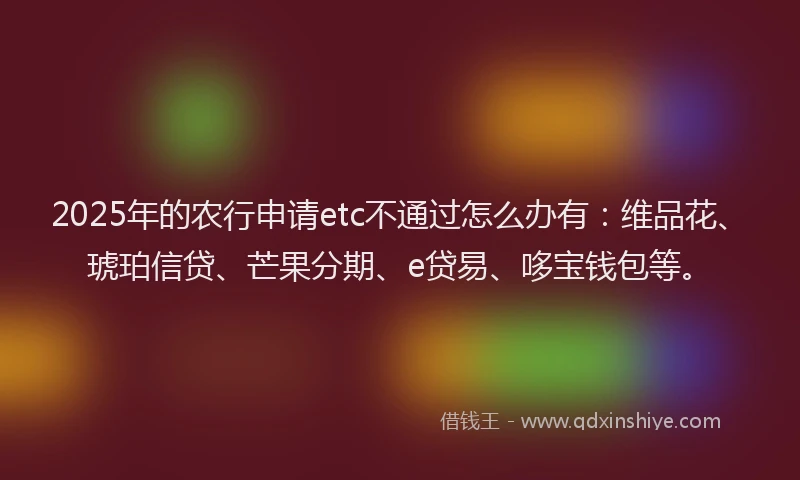 2025年的农行申请etc不通过怎么办有：维品花、琥珀信贷、芒果分期、e贷易、哆宝钱包等。