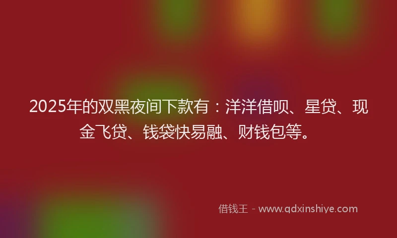 2025年的双黑夜间下款有：洋洋借呗、星贷、现金飞贷、钱袋快易融、财钱包等。