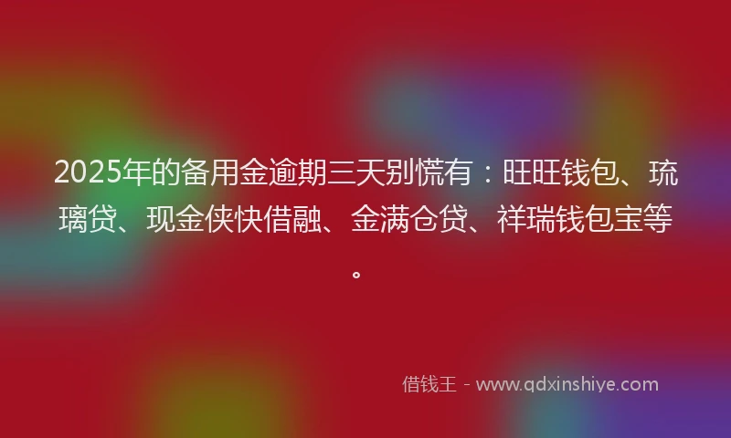 2025年的备用金逾期三天别慌有：旺旺钱包、琉璃贷、现金侠快借融、金满仓贷、祥瑞钱包宝等。