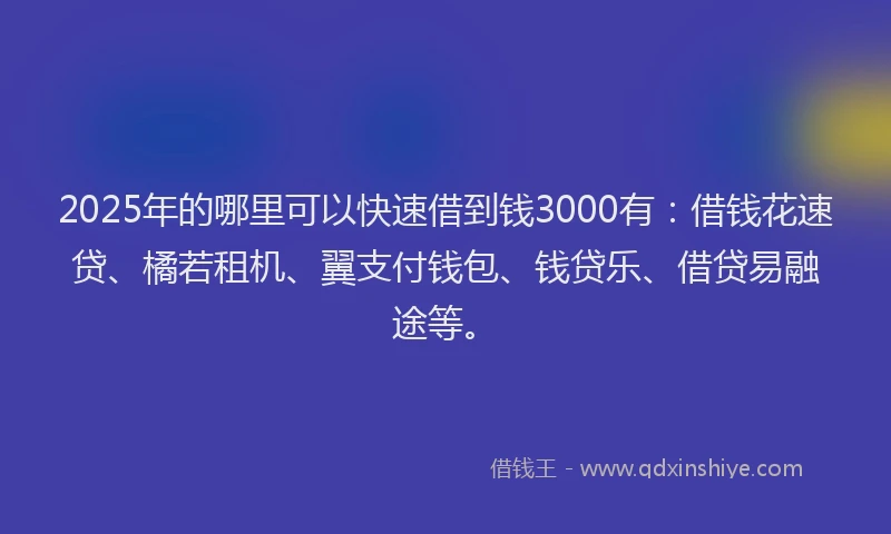 2025年的哪里可以快速借到钱3000有：借钱花速贷、橘若租机、翼支付钱包、钱贷乐、借贷易融途等。