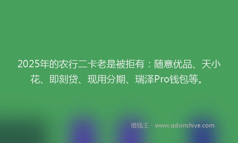 2025年的农行二卡老是被拒有：随意优品、天小花、即刻贷、现用分期、瑞泽Pro钱包等。