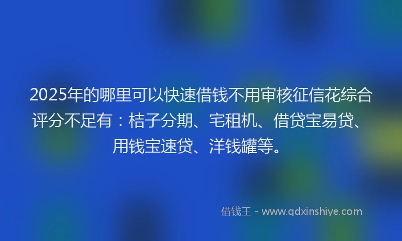 2025年的哪里可以快速借钱不用审核征信花综合评分不足有：桔子分期、宅租机、借贷宝易贷、用钱宝速贷、洋钱罐等。