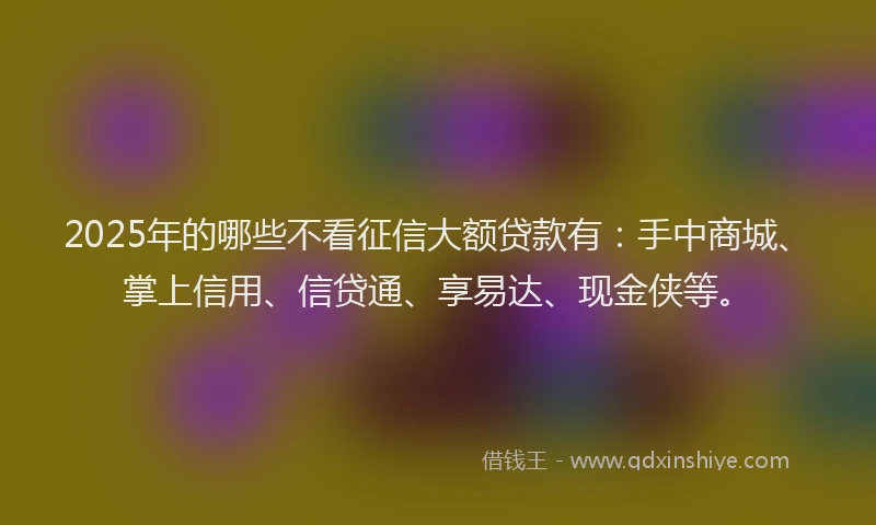 2025年的哪些不看征信大额贷款有：手中商城、掌上信用、信贷通、享易达、现金侠等。