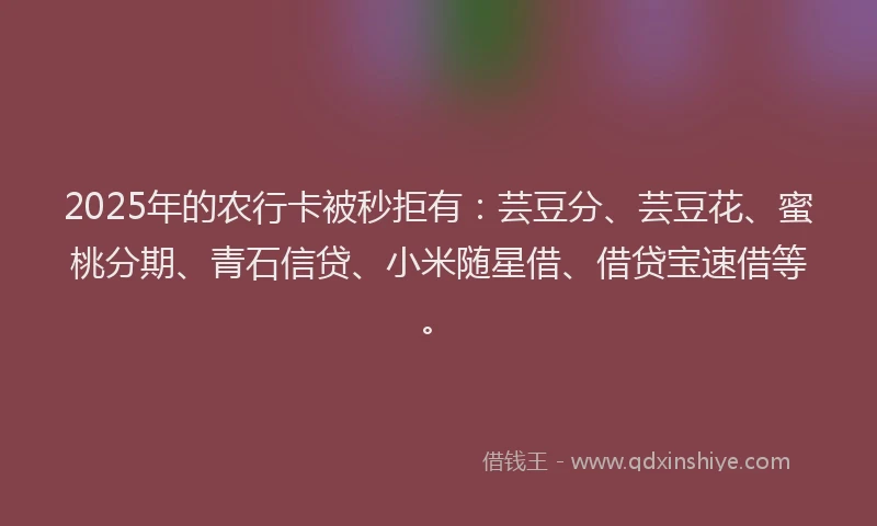2025年的农行卡被秒拒有：芸豆分、芸豆花、蜜桃分期、青石信贷、小米随星借、借贷宝速借等。