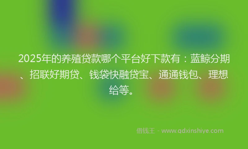 2025年的养殖贷款哪个平台好下款有：蓝鲸分期、招联好期贷、钱袋快融贷宝、通通钱包、理想给等。