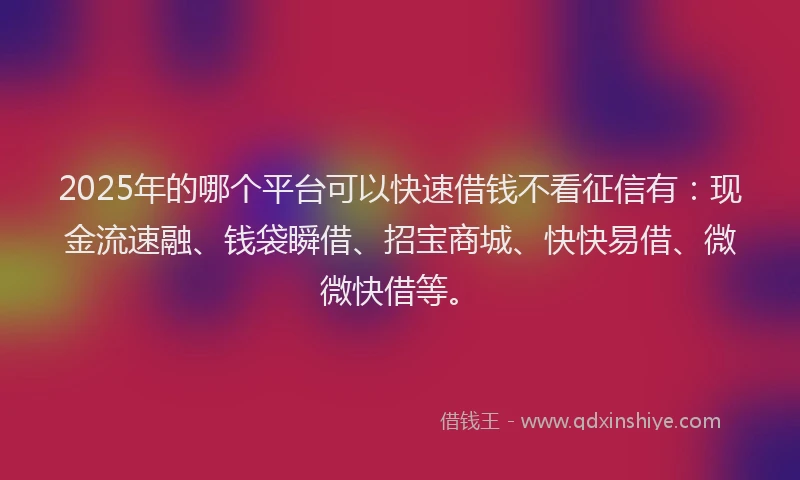 2025年的哪个平台可以快速借钱不看征信有：现金流速融、钱袋瞬借、招宝商城、快快易借、微微快借等。
