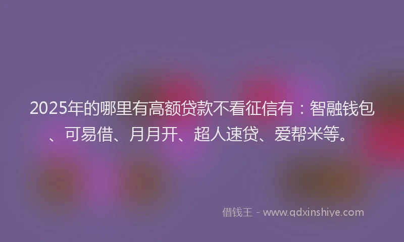 2025年的哪里有高额贷款不看征信有：智融钱包、可易借、月月开、超人速贷、爱帮米等。